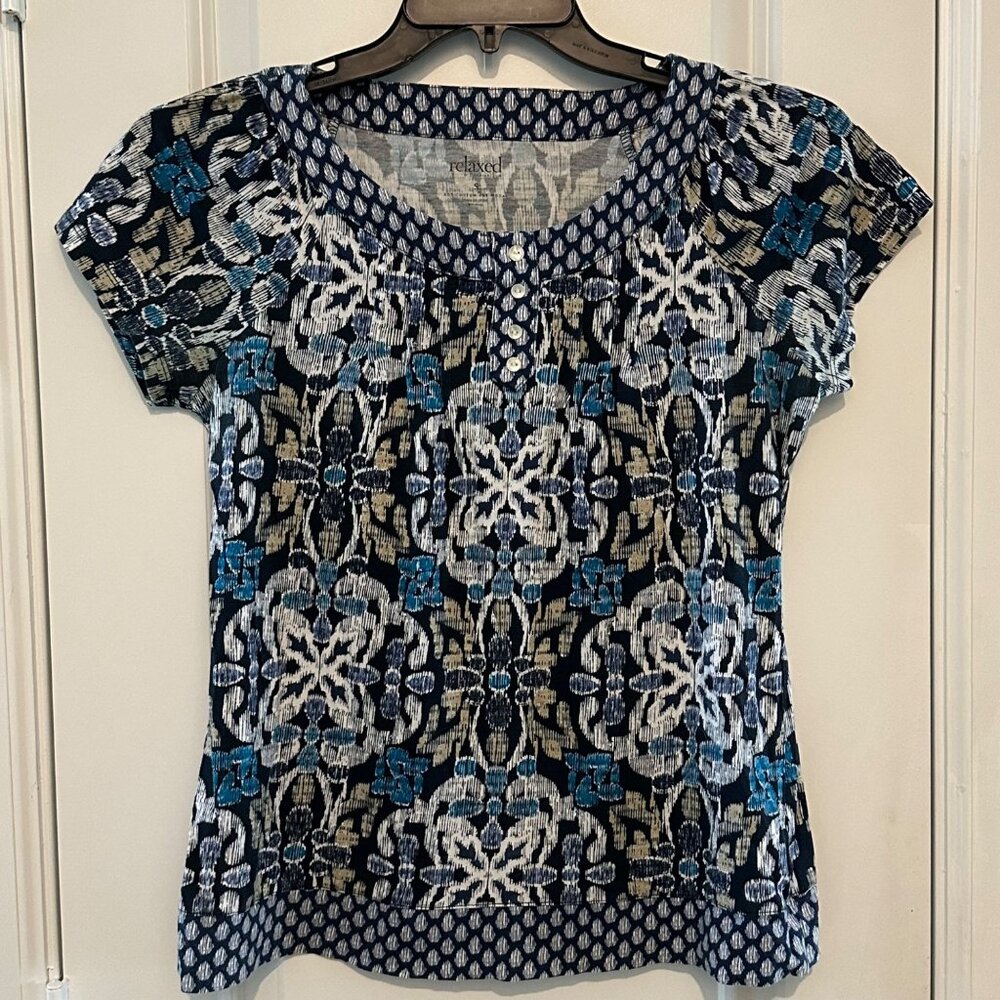 Relaxed By Charter Club Womens 3XL Short Sleeve Blue & White Patterned Top With